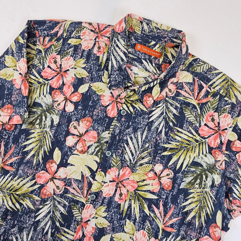 Tori Richard Mens XL Tropical Hibiscus Palm Aloha Shirt Navy Blue Short Sleeve